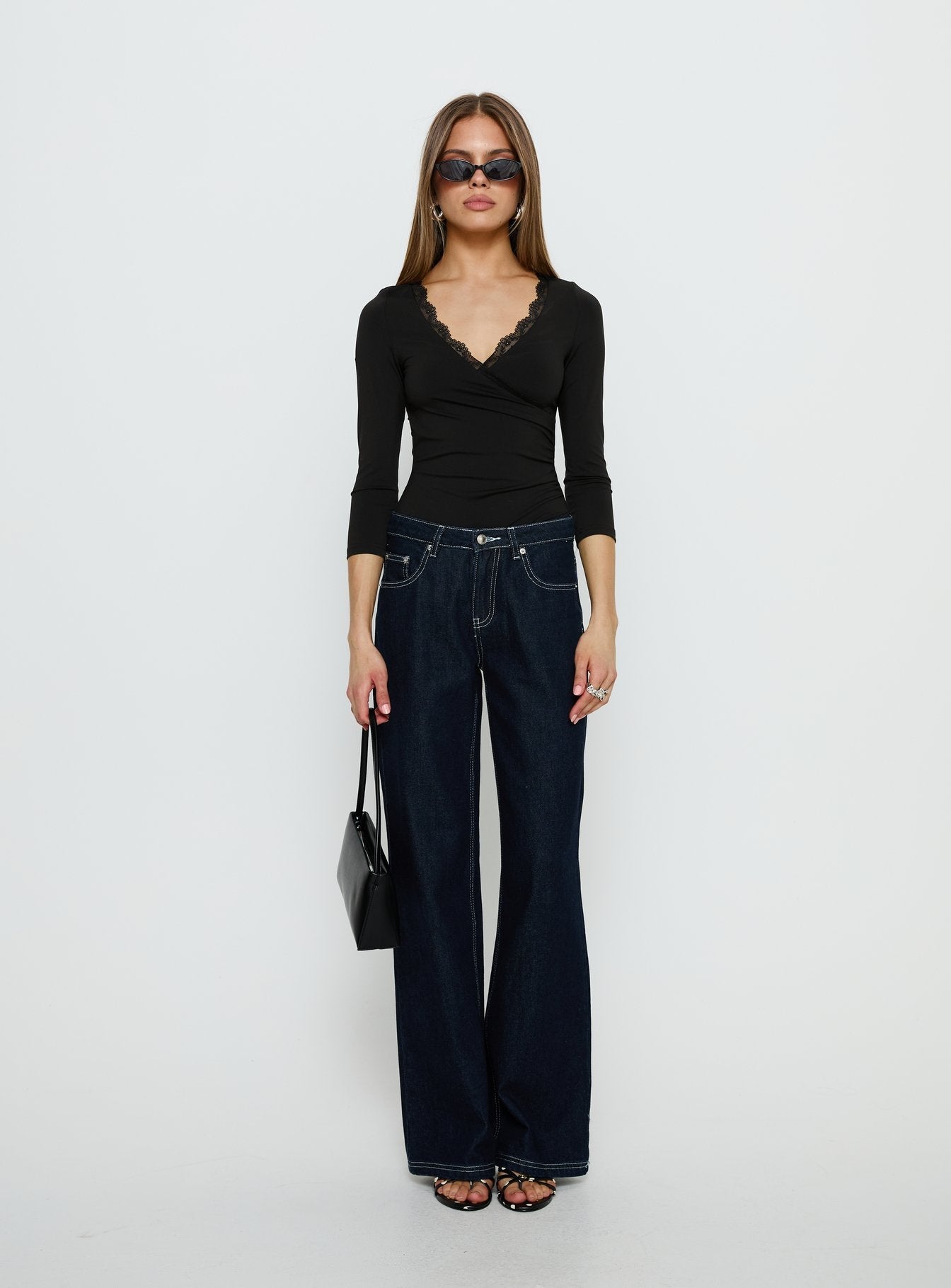 Lyselle Wrap Detail 3/4 Sleeve Bodysuit Black