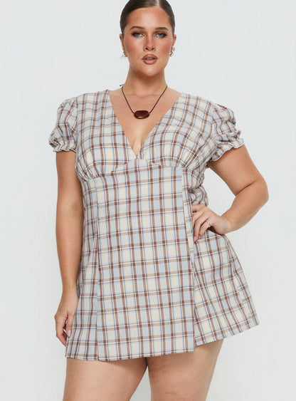 Mystee Plunge Neck Romper Blue Check Curve