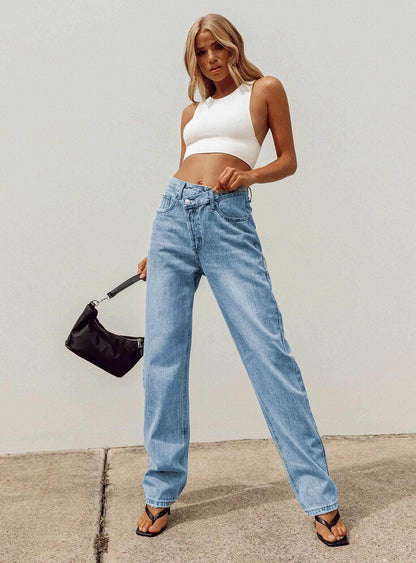 Holly Mid Rise Straight Leg Asymmetric Jean Light Wash Denim