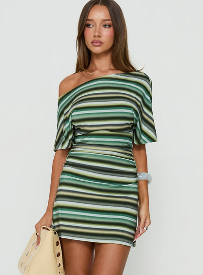 Mista Off Shoulder Asymmetrical Mini Dress Blue Multi Stripe
