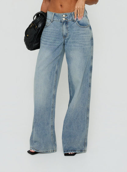 Ramos Low Rise Double Button Wide Leg Jeans Light Vintage Blue