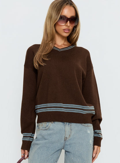 Yarnia V Neck Jumper Brown / Blue