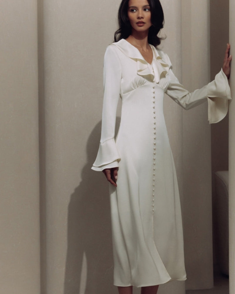 Pearl Button Ruffle Midi Dress - Dalm Fashion
