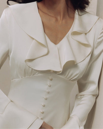 Pearl Button Ruffle Midi Dress - Dalm Fashion