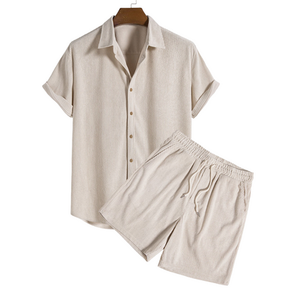 Short-Sleeved Corduroy Button Up Shirt & Shorts - Dalm Fashion