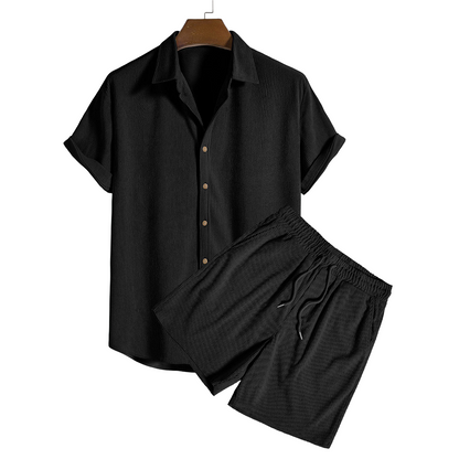 Short-Sleeved Corduroy Button Up Shirt & Shorts - Dalm Fashion
