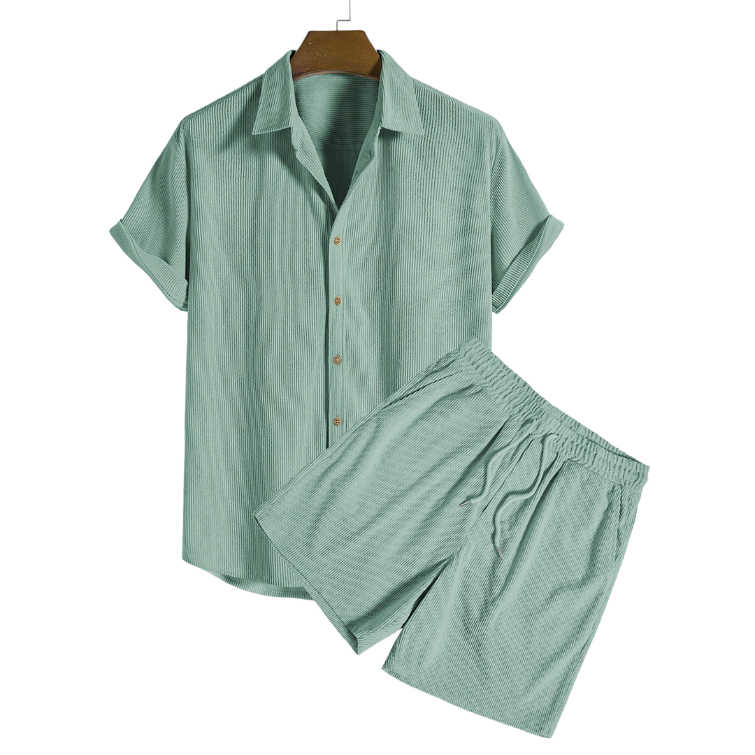 Short-Sleeved Corduroy Button Up Shirt & Shorts - Dalm Fashion