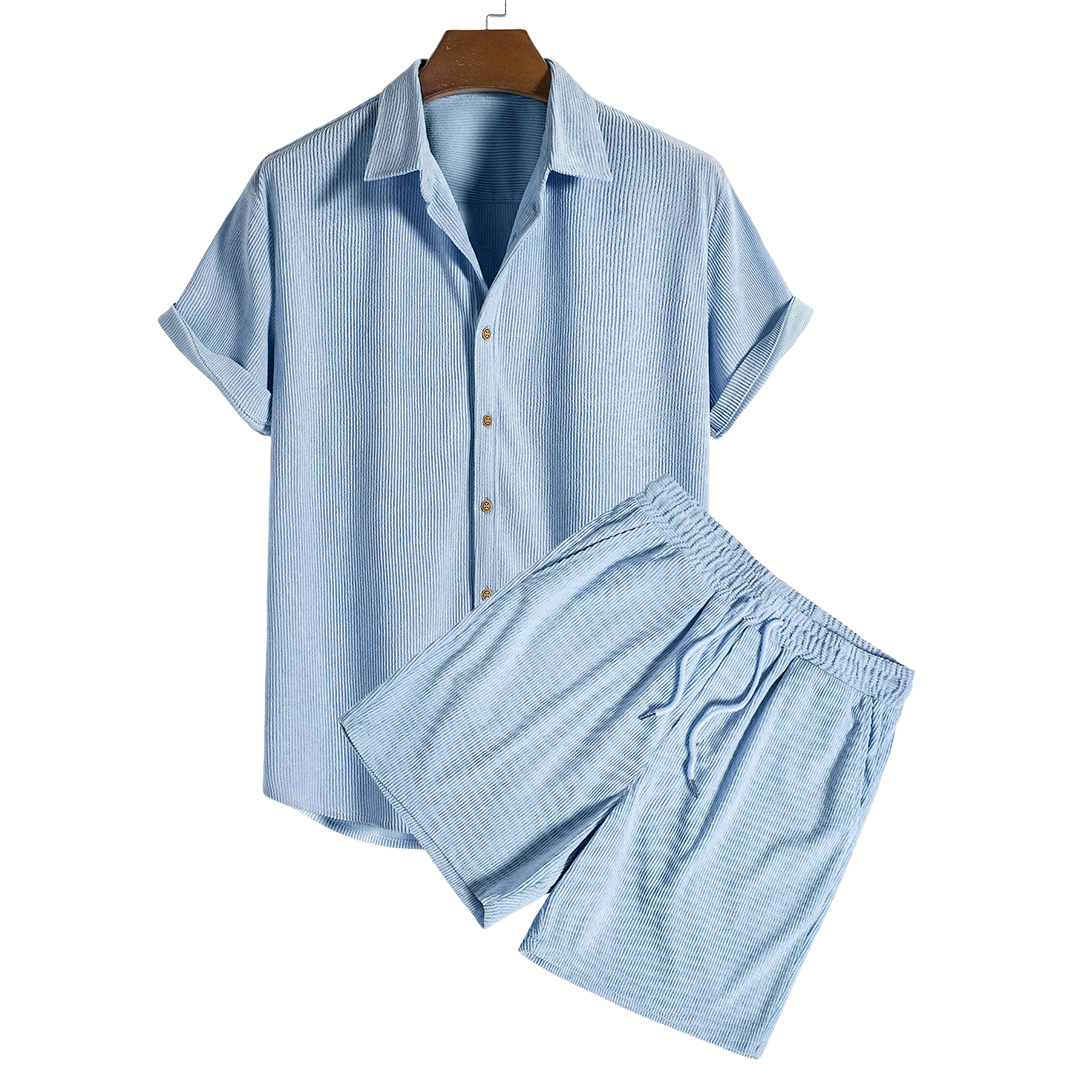 Short-Sleeved Corduroy Button Up Shirt & Shorts - Dalm Fashion