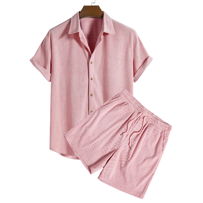 Short-Sleeved Corduroy Button Up Shirt & Shorts - Dalm Fashion