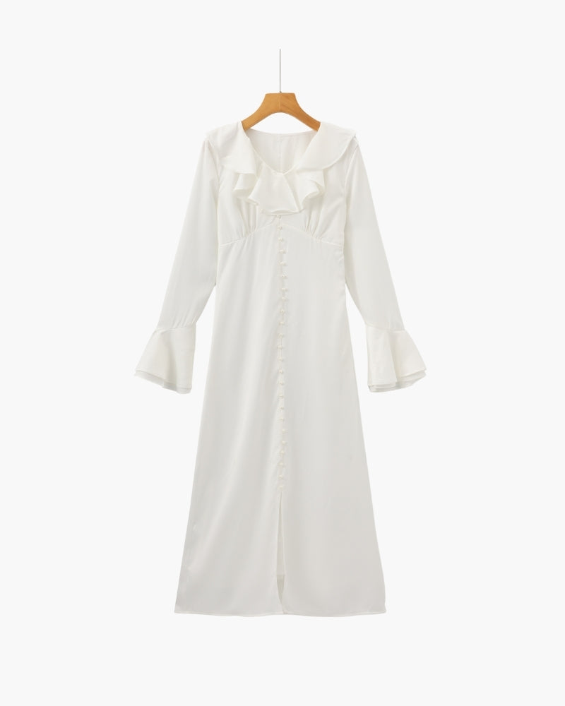 Pearl Button Ruffle Midi Dress - Dalm Fashion