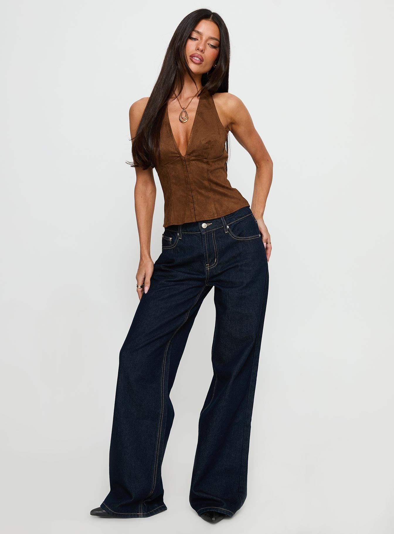 Dalyah Faux Suede Halter Top Brown