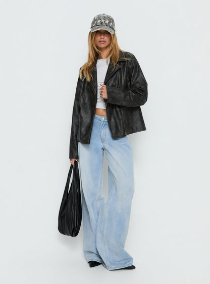 Vyolette Faux Leather Collared Jacket Washed Black