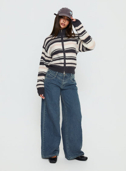 Tetra Zip Through Knit Sweater Pink Stripe