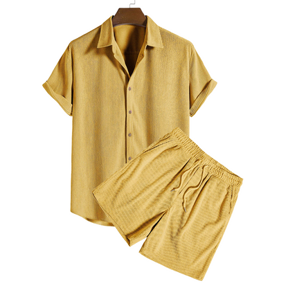 Short-Sleeved Corduroy Button Up Shirt & Shorts - Dalm Fashion