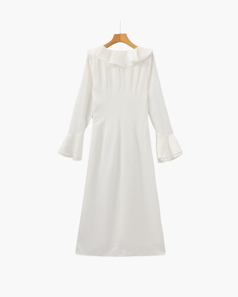 Pearl Button Ruffle Midi Dress - Dalm Fashion
