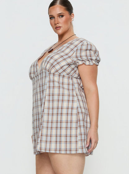 Mystee Plunge Neck Romper Blue Check Curve