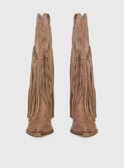 Like An Angel Faux Suede Tassel Knee High Boots Tan