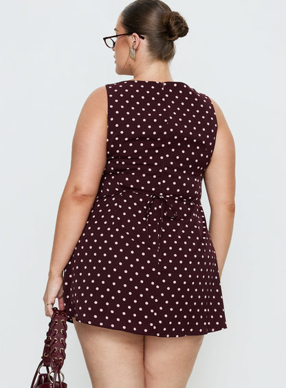 Kherin Boat Neck Romper Wine Polka Curve