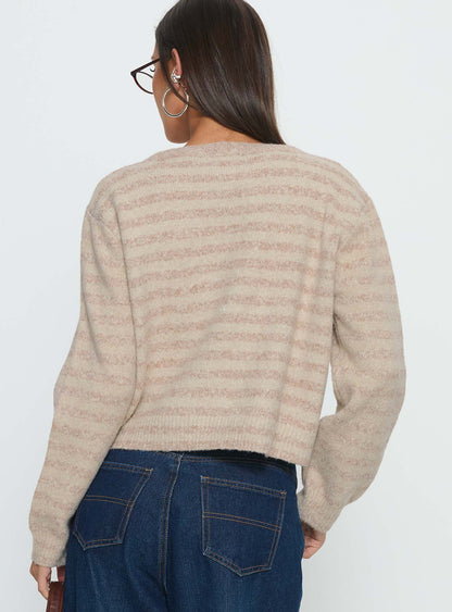 Raynna Button Up Cardigan Beige Stripe