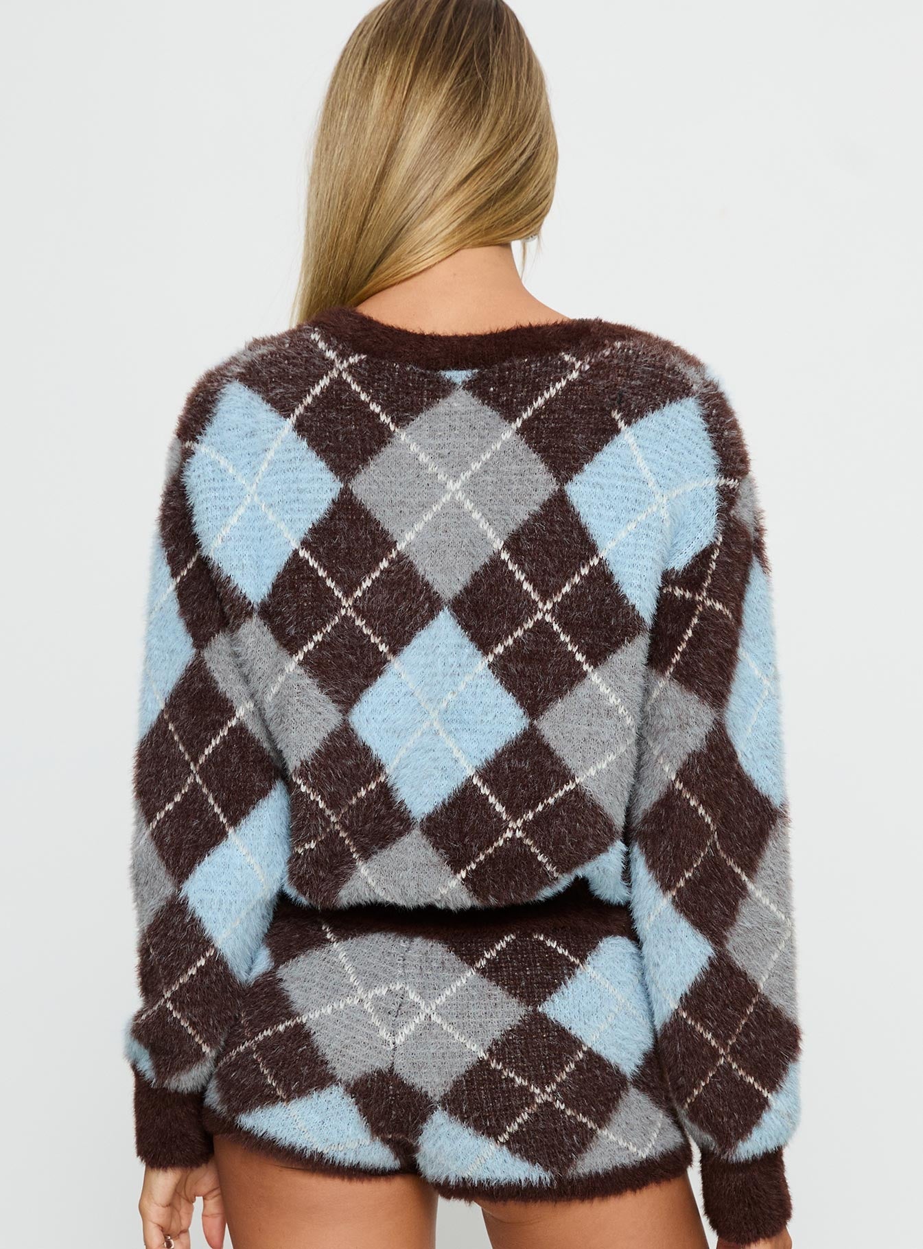 Kenlea Button Up Cardigan Blue Argyle