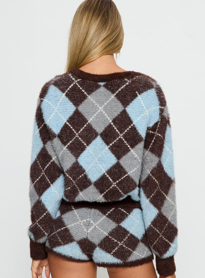Kenlea Button Up Cardigan Blue Argyle