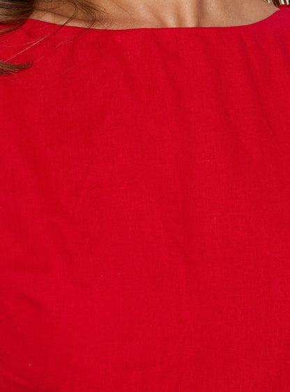Veara Linen Low Back Tie Detail Romper Red