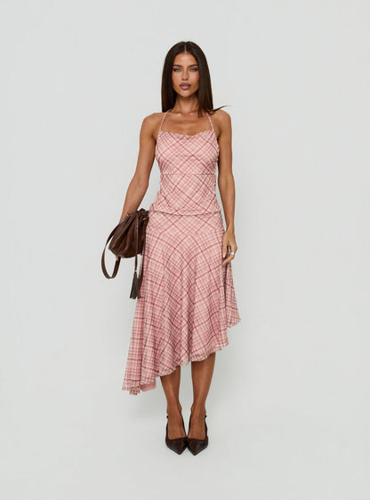 Waverlee Asymmetrical Midi Skirt Pink Check