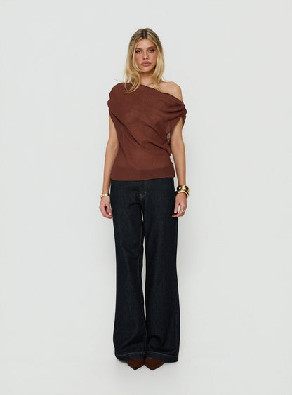 Orya Sheer Drape Off Shoulder Top Brown