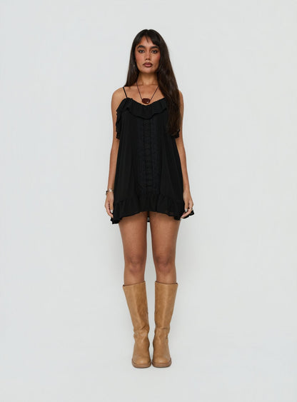 Somnielle Frill Lace Detail Mini Dress Black