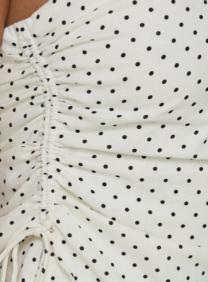 Defined Strapless Gathered Linen Blend Top Cream Polka Dot