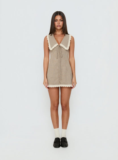 Mayci Collared Lace Trim Romper Brown Check