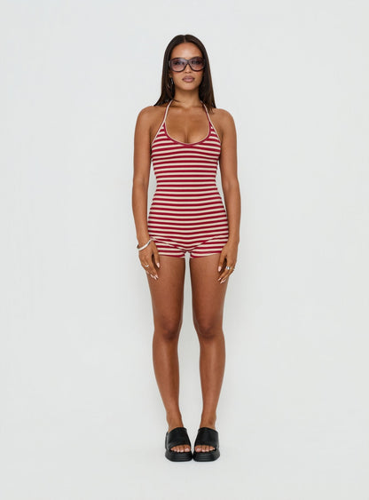 Watch Me Leave Halter Playsuit Red / White Stripe