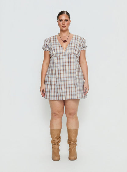 Mystee Plunge Neck Romper Blue Check Curve