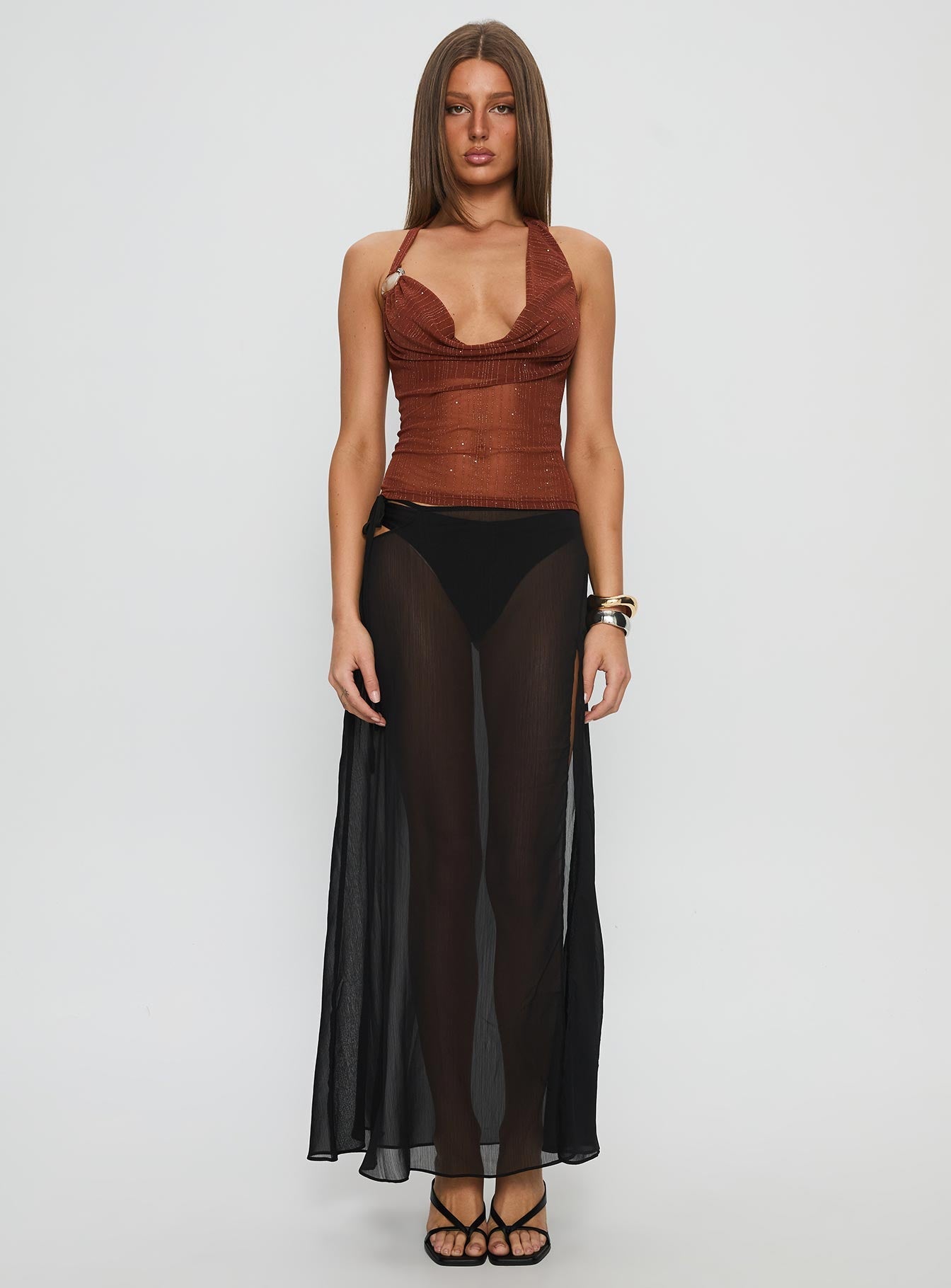Victorina Hardware Detail Cowl Neck Top Brown