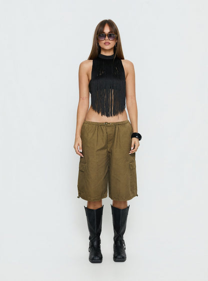 Zephyrine Fringe Asymmetrical Halter Top Black