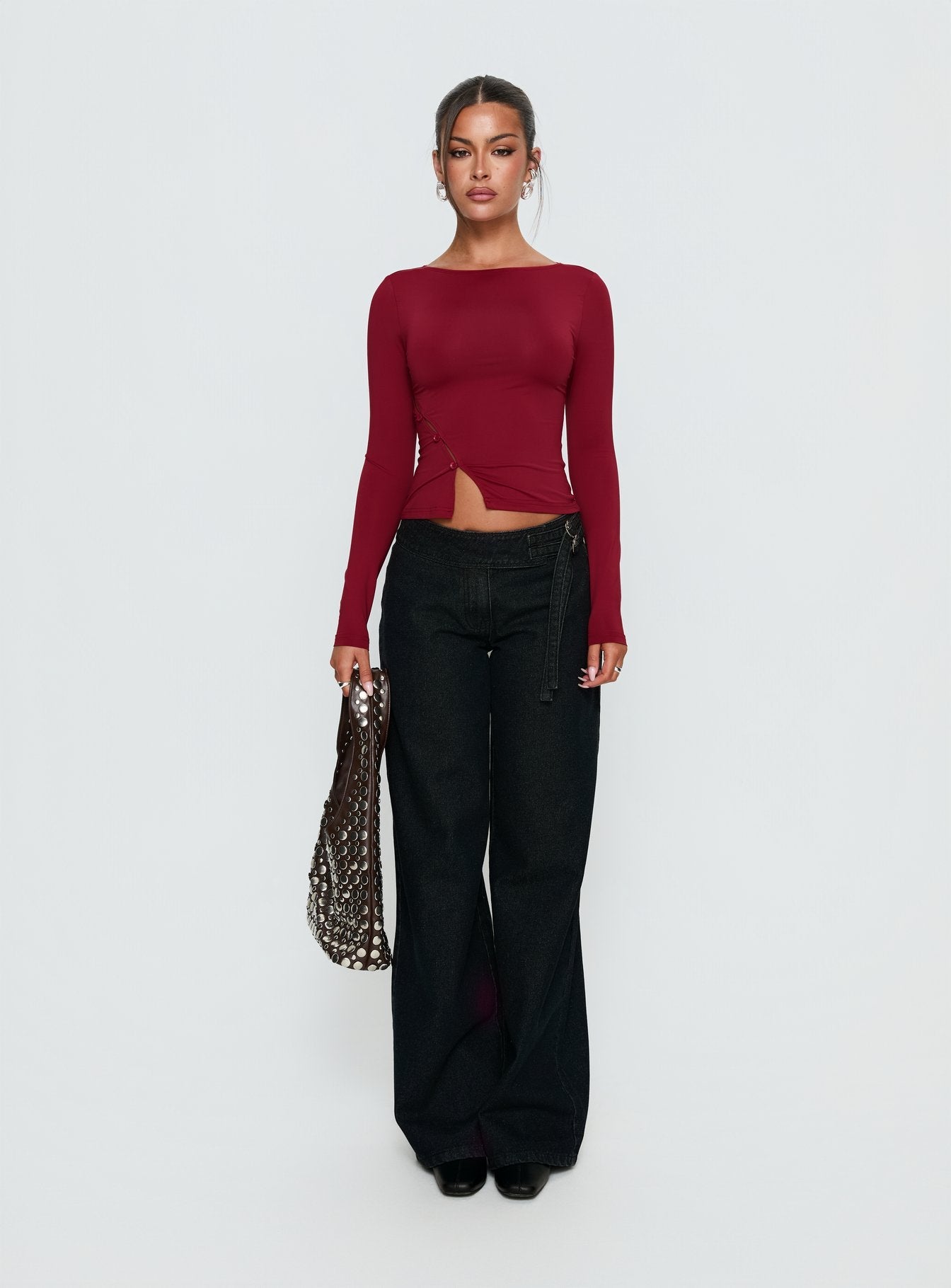 Crowded Room Button Up Long Sleeve Top Wine