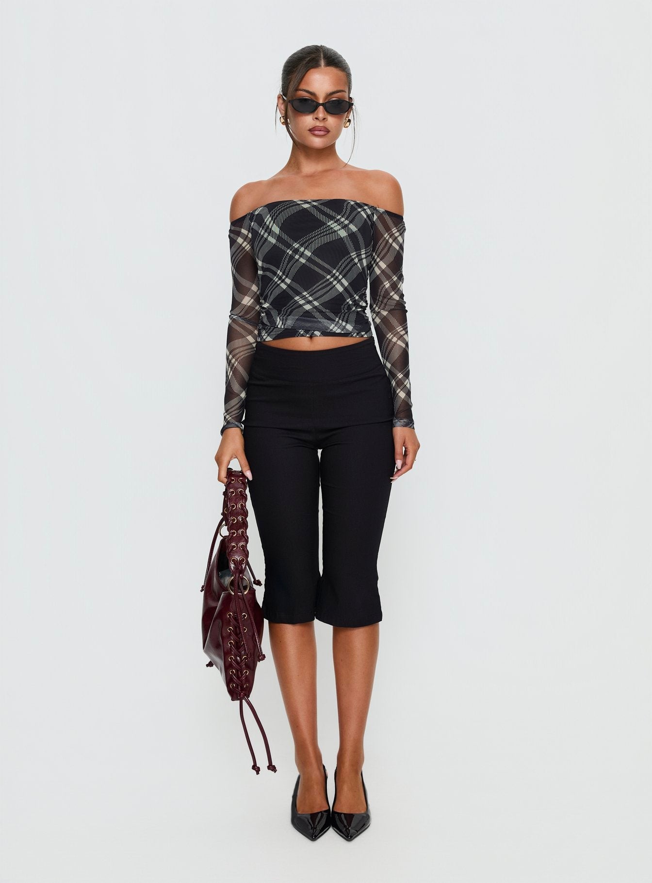 Siarah Off Shoulder Long Sleeve Top Multi Check