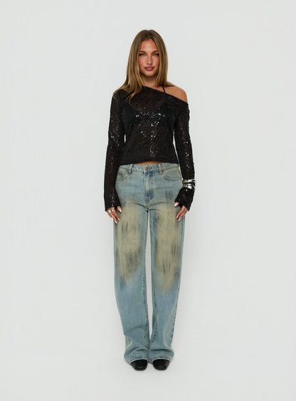 Odena Layered Sequin Long Sleeve Top Black