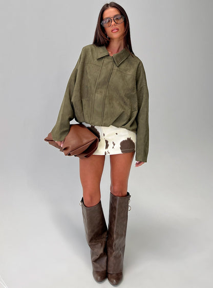 Enlightened Faux Suede Bomber Jacket Khaki
