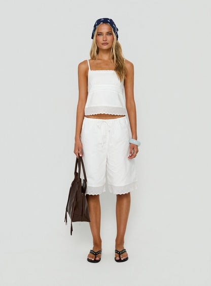 Sakai Broderie Detail Longline Shorts White