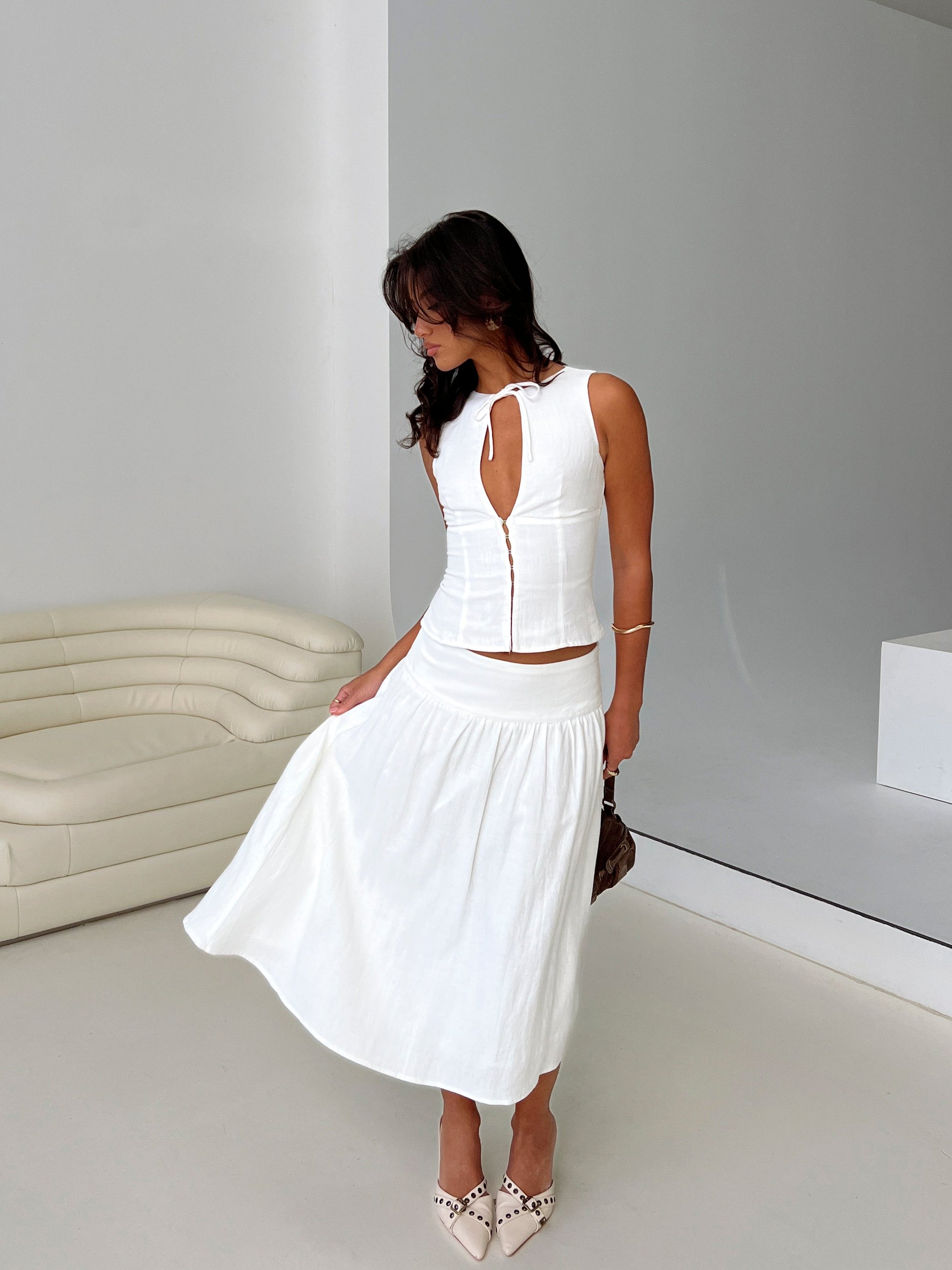 Heart Of Gold Linen Blend Midi Skirt White