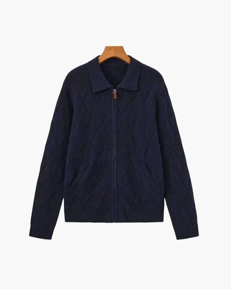 Heritage Diamond Knit Zip Cardigan - Dalm Fashion