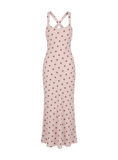 Picante Bias Cross Back Maxi Dress Pink Polka