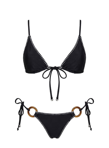 In The Sand Tie Front Ring Detail Bikini Top Black